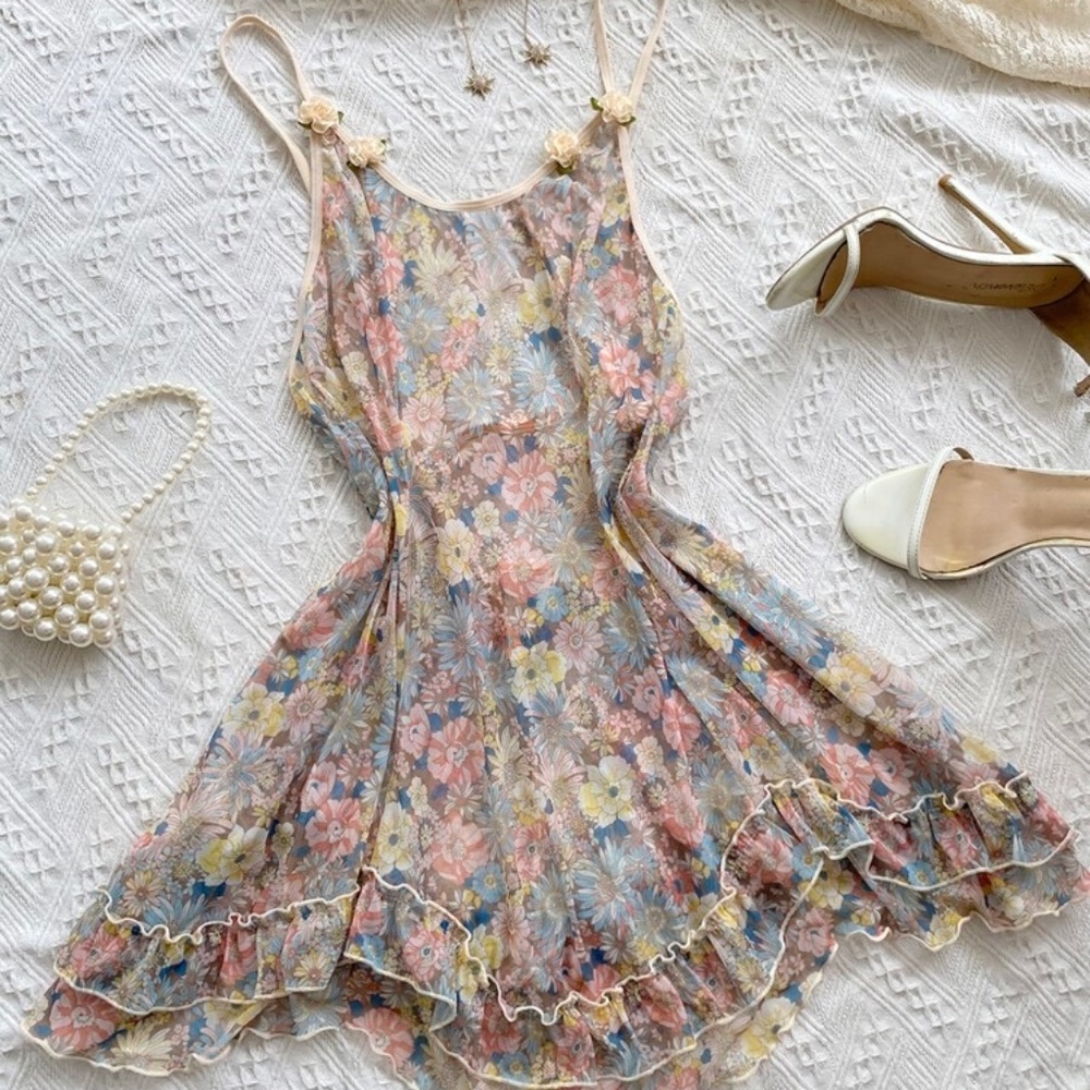Allover Floral Print Appliques Ruffle Hem Mesh Cami Night Dress